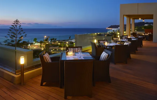 Sea, the city, lights, the evening, Greece, lighting, restaurant, the hotel