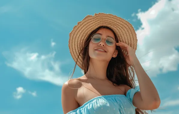 Summer, look, girl, clouds, face, smile, mood, hand