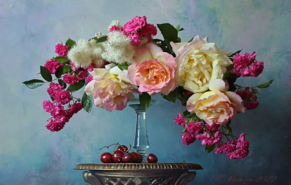 Style, background, roses, bouquet, vase, cherry, Andrey Morozov