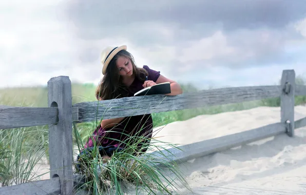 SAND, HAT, BROWN hair, The FENCE, DIARY, NOTEPAD