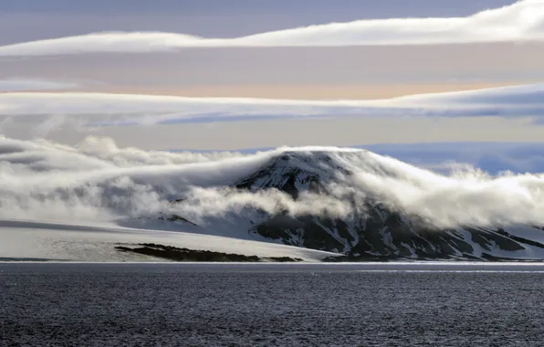 Sea, the sky, clouds, snow, mountains, shore, Franz-Joseph