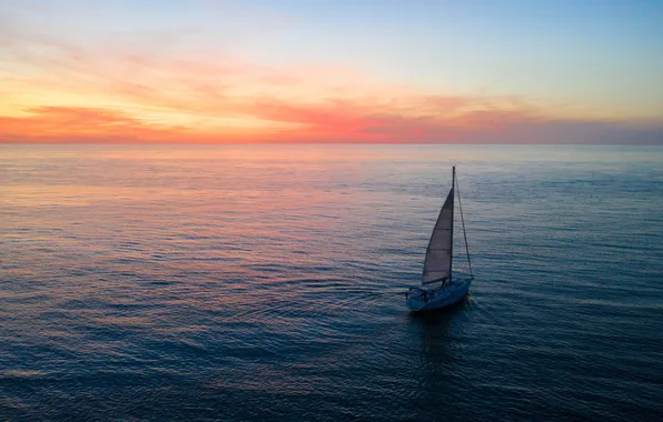 Sunset, France, Étretat, open sea, lonely boat
