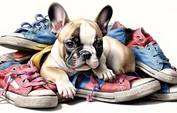 Look, shoes, sneakers, legs, dog, puppy, white background, lies