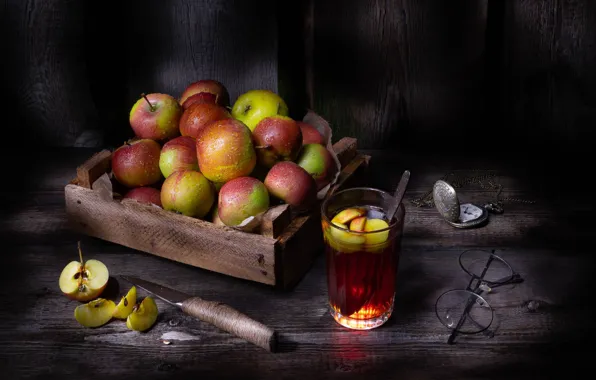 Light, glass, the dark background, tea, apples, Board, watch, glasses