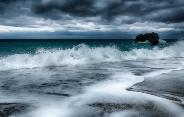 Picture sea, wave, the sky, clouds, storm, rocks