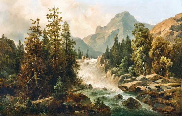 Clouds, Mountains, Trees, River, Picture, Austrian artist, Josef Thoma, Josef Toma