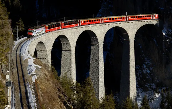 Mountains, red, bridge, train, railroad, Switzerland, viaduct