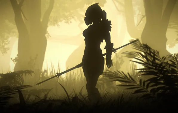 Picture forest, girl, fog, rendering, predator, helmet, spear, predator