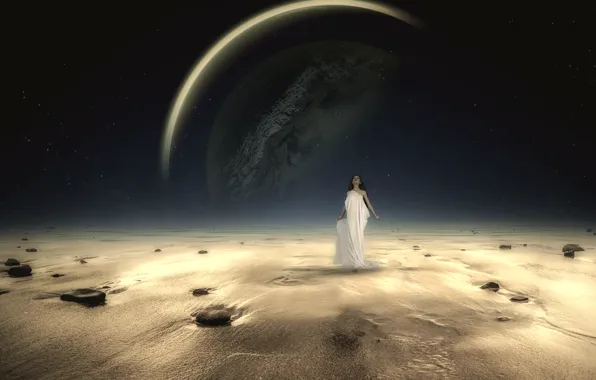 Sand, sea, beach, the sky, girl, space, stars, night