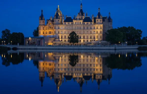 Night, lake, reflection, castle, Germany, Germany, Schwerin castle, Schwerin Castle