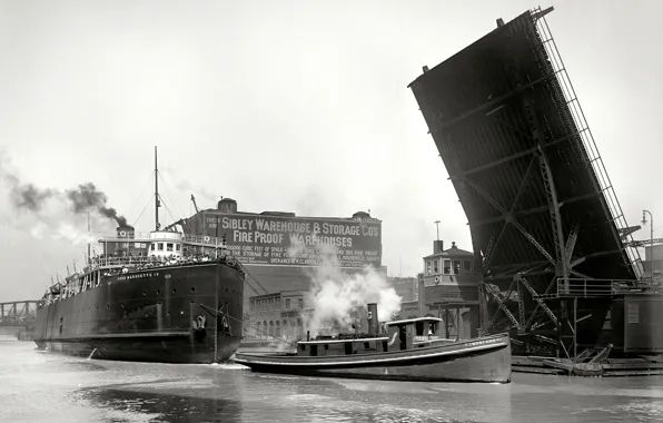 Retro, ship, tug, steamer, USA, drawbridge
