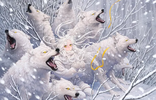 Predators, wool, mouth, fangs, grin, baby, yellow eyes, a pack of wolves