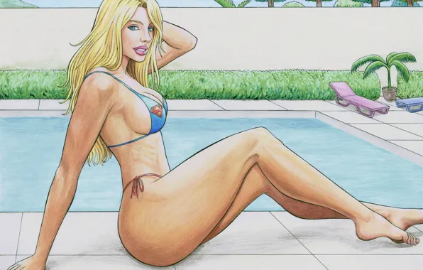Girl, Look, Smile, Pool, Swimsuit, Art, Comics, Supergirl