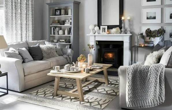 Design, style, heat, room, interior, fireplace, cozy, upholstered furniture