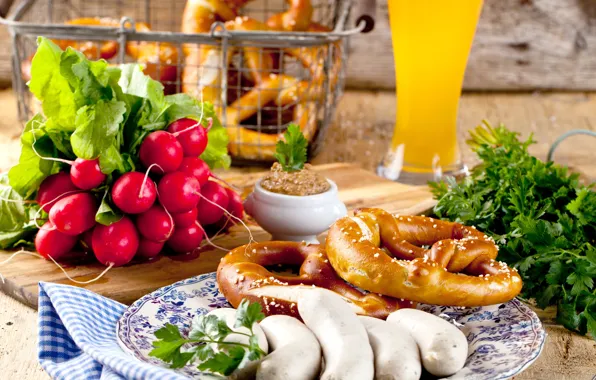Greens, Board, beer, bread, vegetables, parsley, sausage, beer