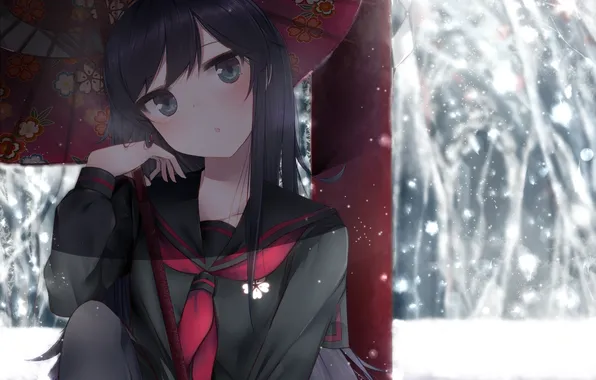Winter, girl, snow, umbrella, anime, art, form, schoolgirl