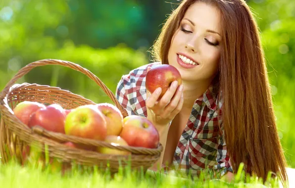 Picture summer, grass, girl, smile, basket, apples, brown hair, fruit