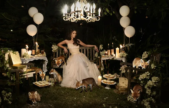 Picture girl, balls, flowers, holiday, candles, chandelier, Fox