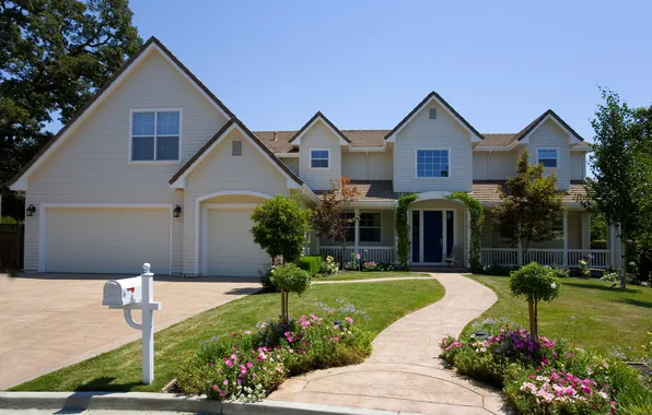 Trees, flowers, design, lawn, home, track, the bushes