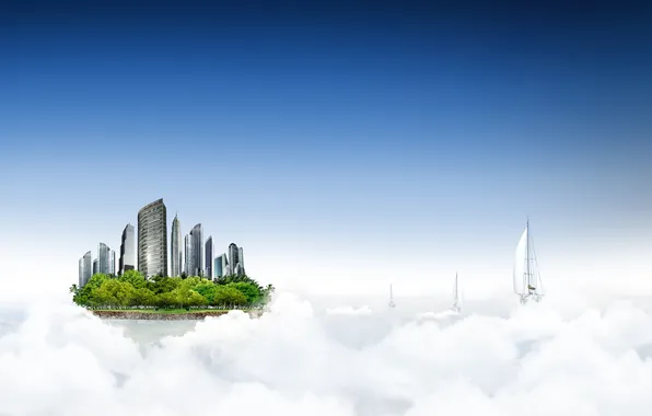 Picture clouds, creative, island, ships, skyscrapers