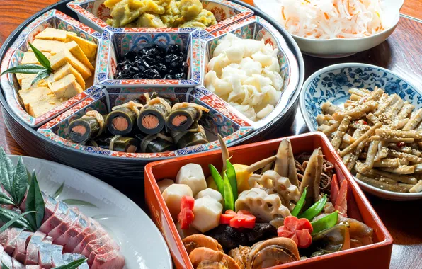 Lotus, vegetables, rolls, seafood, Japanese cuisine, meals, cuts, tofu