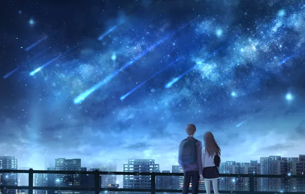 Girl, night, the city, guy, Starfall, OR