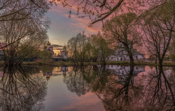 Picture water, trees, landscape, nature, morning, Church, Pereslavl-Zalesskiy, Elena Guseva