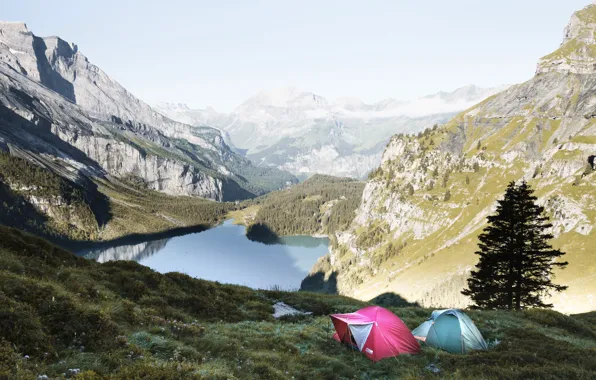 Picture landscape, mountains, lake, tent, tourism