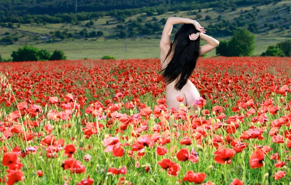 Field, erotic, ass, summer, girl, flowers, red, nature