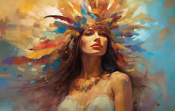 Chest, look, girl, light, decoration, face, portrait, feathers