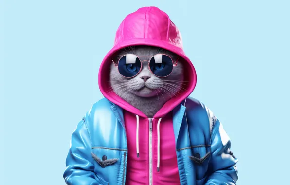 Cat, cat, look, pose, grey, pink, glasses, jacket