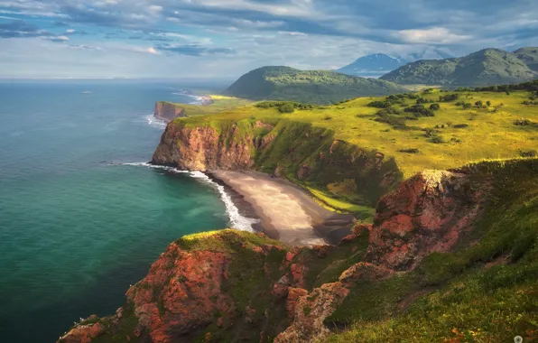 Beach, mountains, rocks, Kamchatka, The Pacific ocean