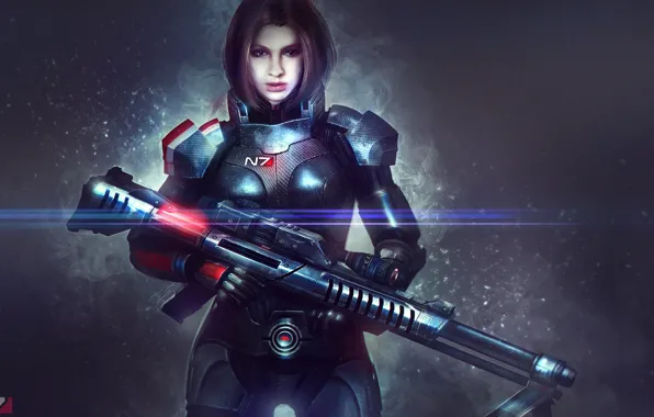 Girl, weapons, armor, Mass Effect, art, Shepard, sniper rifle