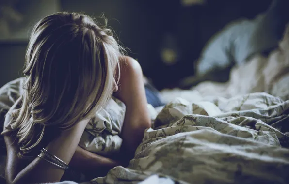 Girl, background, stay, Wallpaper, mood, bed, blonde, blanket