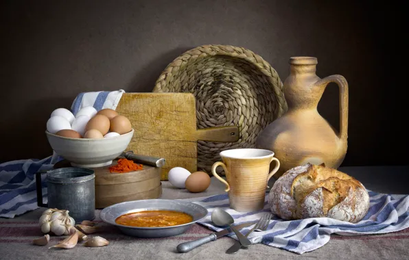 The dark background, food, eggs, plate, bread, soup, dishes, pitcher
