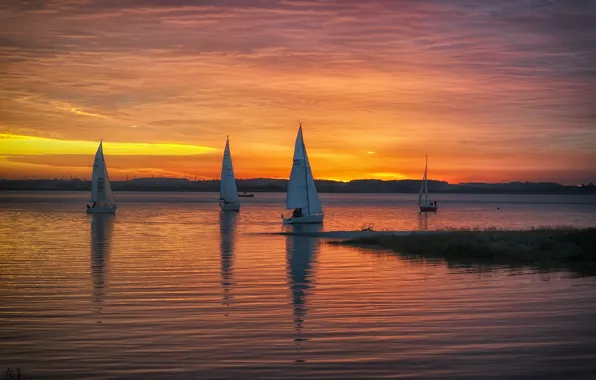 Sunset, lake, sailboat