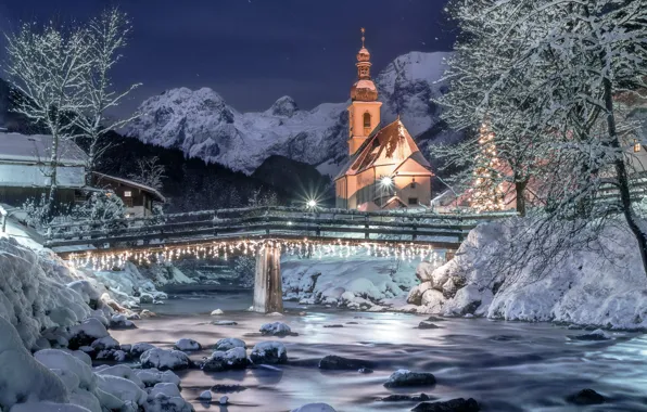 Winter, the sky, snow, landscape, mountains, night, nature, river