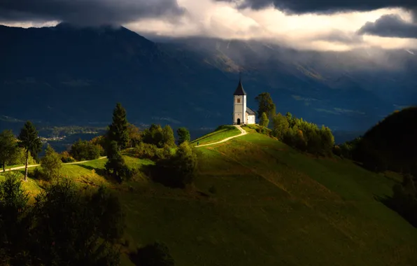 Road, greens, clouds, light, trees, mountains, hill, Church