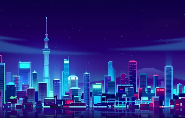 Night, Vector, The city, Japan, Style, Tokyo, Building, The building