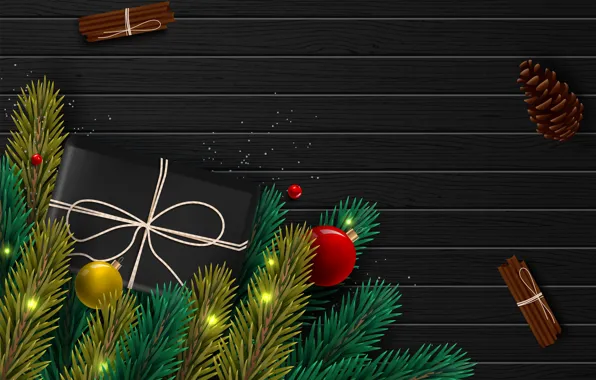 Picture photo, Branches, Balls, New year, Bumps, Gifts, Cinnamon, Vector graphics