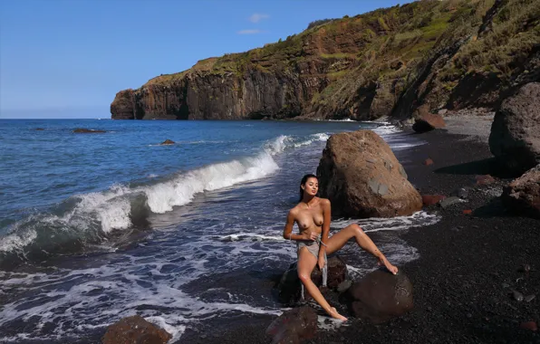 Waves, beach, sky, ocean, nature, nipples, boobs, model