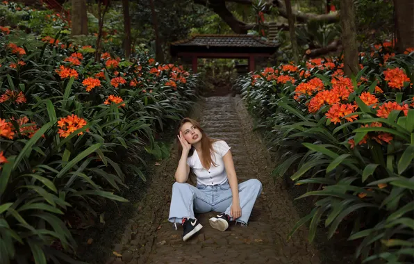 Long hair, flowers, model, garden, jeans, brunette, gorgeous, photoshoot