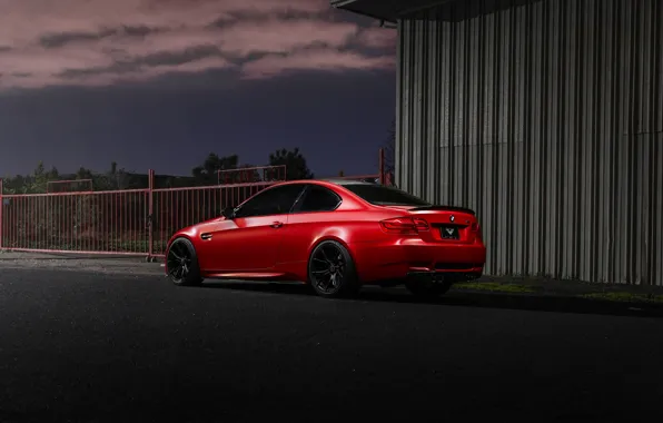 Picture red, coupe, BMW, the fence, BMW, red, rear view, e92