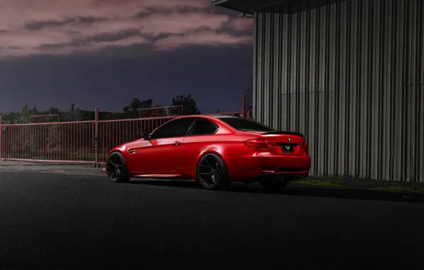 Red, coupe, BMW, the fence, BMW, red, rear view, e92