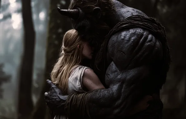 Girl, Monster, Two, Horns, Muscles, Digital art, The Minotaur, Hug