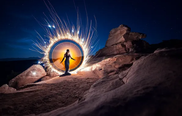 Girl, stars, light, landscape, mountains, night, nature, pose