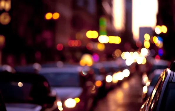 Road, machine, the city, lights, street, the evening, colorful, bokeh