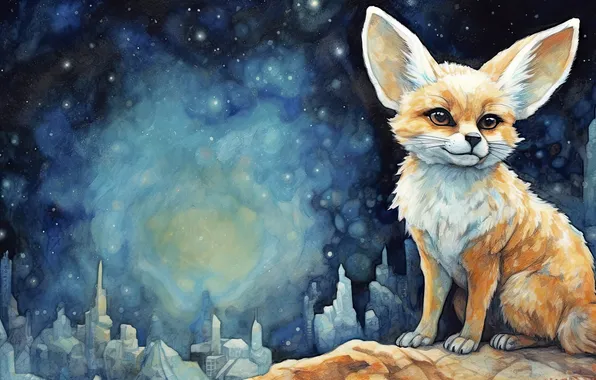 Winter, the sky, look, night, the city, watercolor, Fox, painting