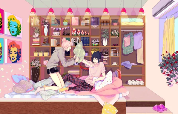 Room, morning, shelf, Naruto, Naruto, Sasuke Uchiha, Sakura Haruno