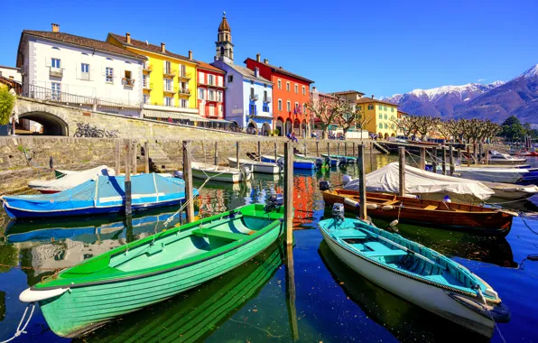 Picture the sky, the sun, landscape, mountains, lake, boat, home, Switzerland